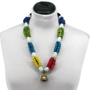 Vintage Colorful Glass Bead Necklace Brass Bell‎ Boho Statement Necklace